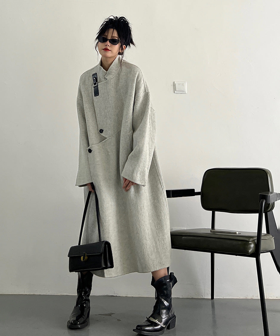 Asym Buckle Herringbone Coat
