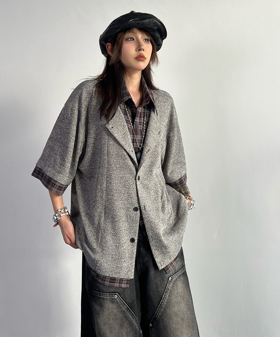 Grid Lapel Blouse