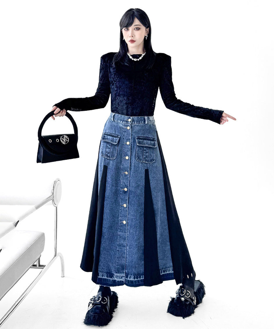 Contrast Panel Denim Flare Skirt