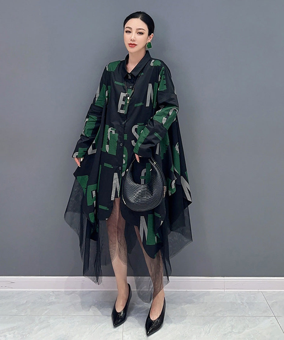 Abstract Letter Sheer Shirt Dress