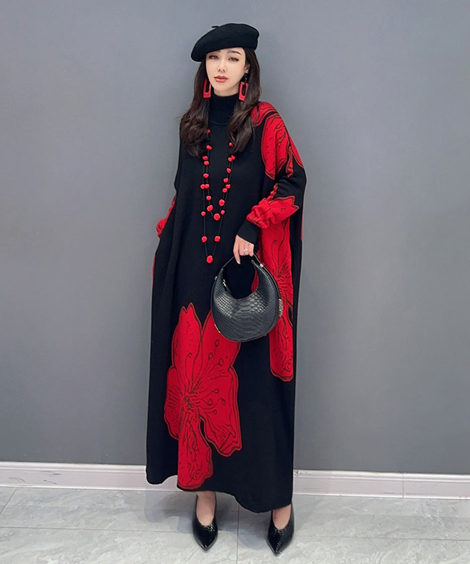 Floral Motif Knit Long Dress