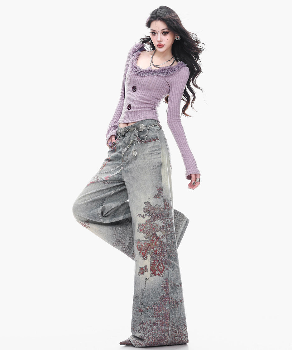 Ornament Washed Wide Denim Pants