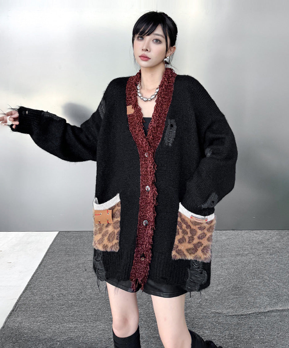 Fringe Patchwork Knit Cardigan