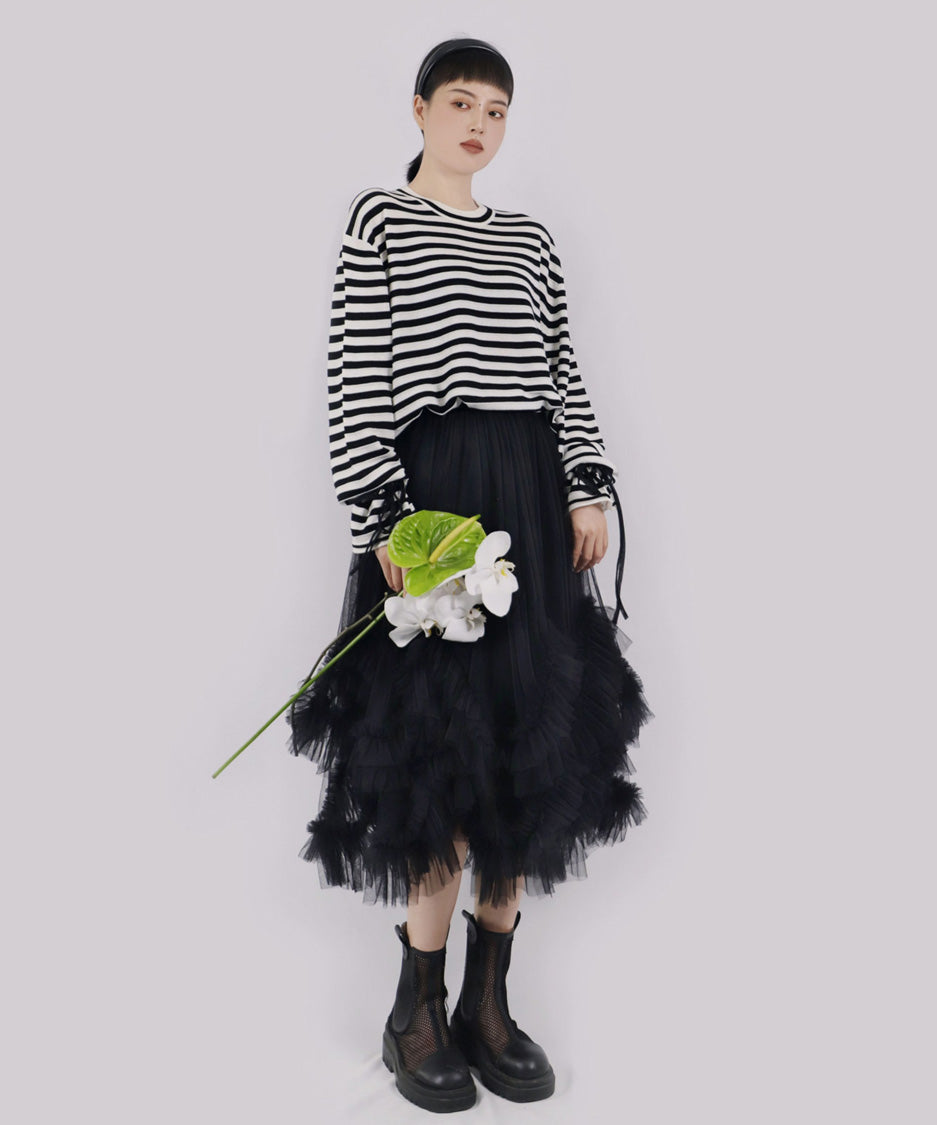 Ribbon Cuff Stripe Top
