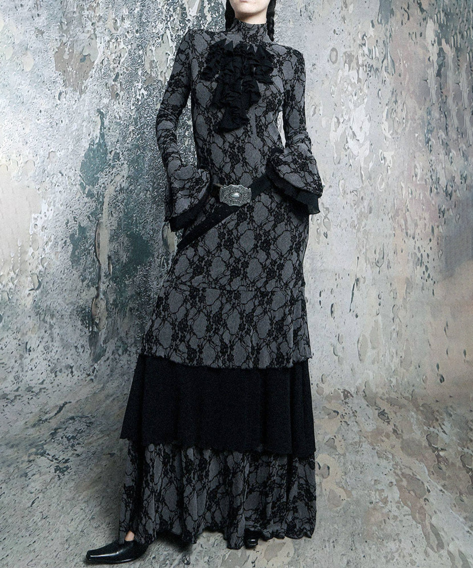 Lace Veil Ruffle Maxi Dress