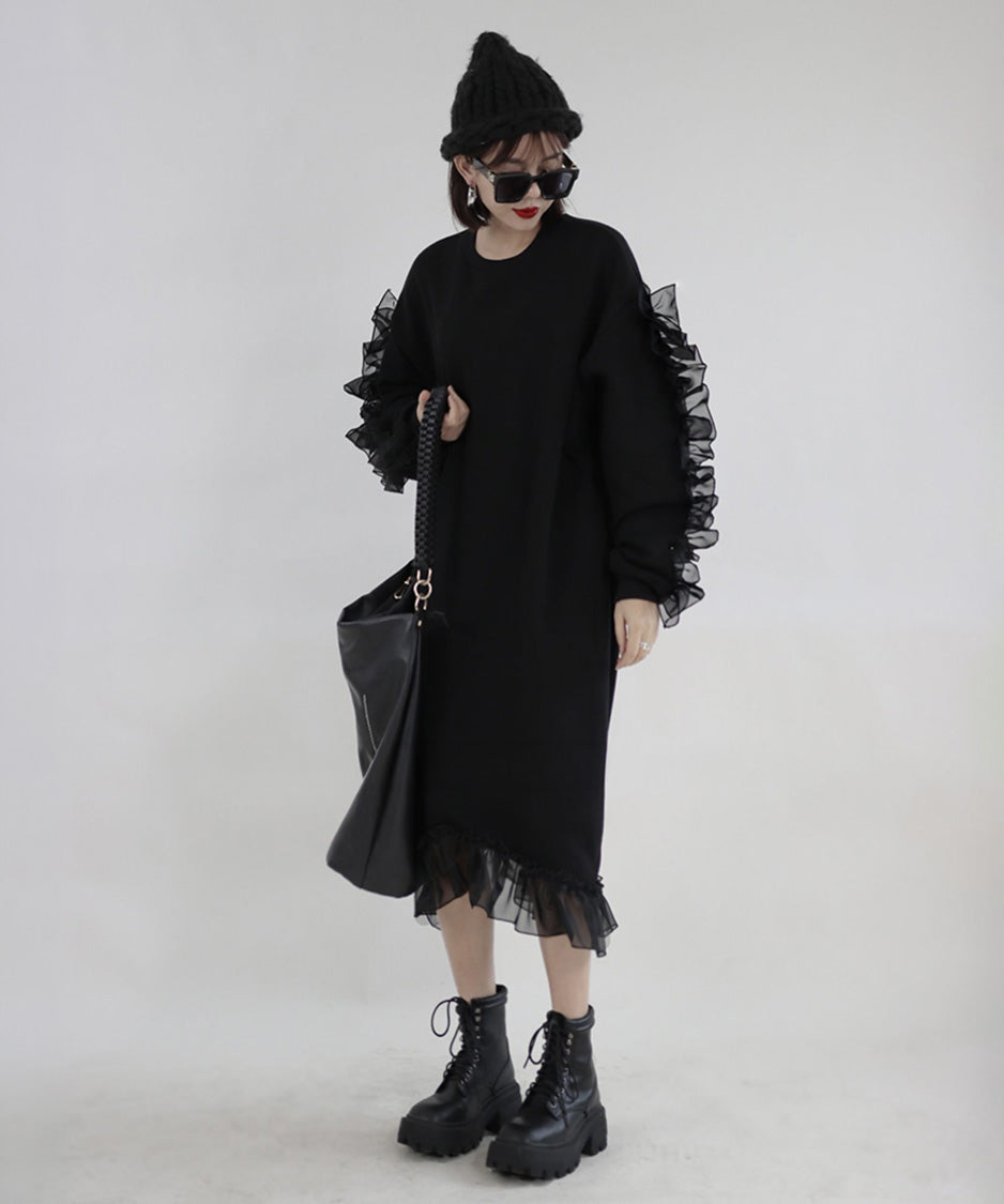 Sheer Frill Sweat Dress