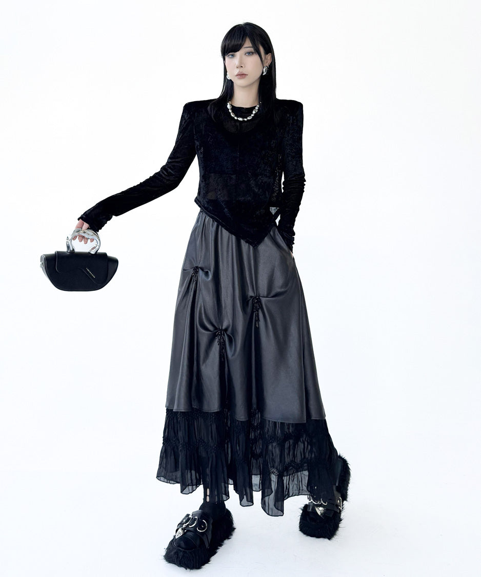 Glossy Gather Lace Hem Maxi Skirt