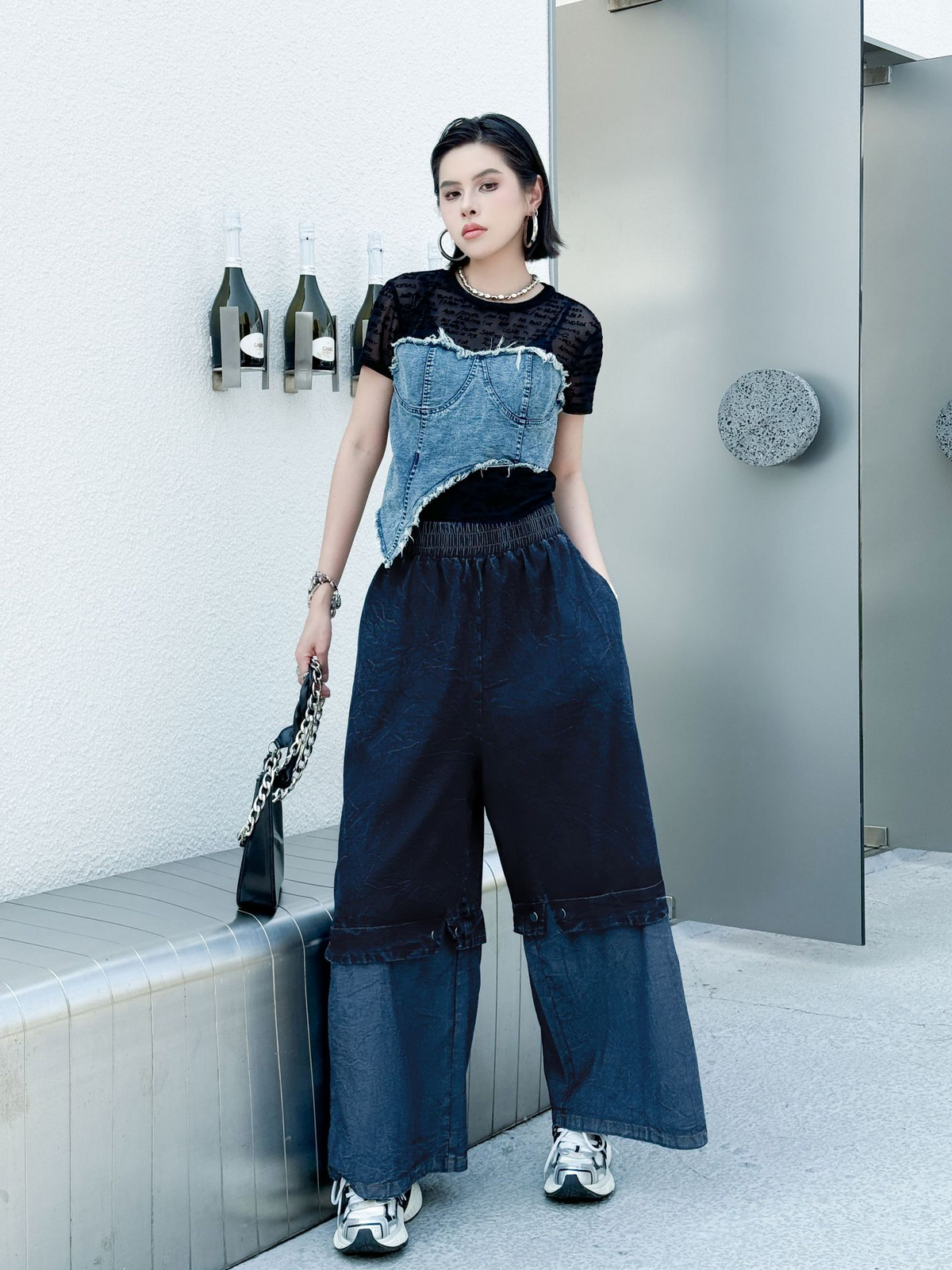 Two Tone Wide Denim Pants