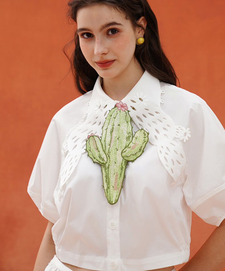 Cactus Cutwork Puff Sleeve Blouse