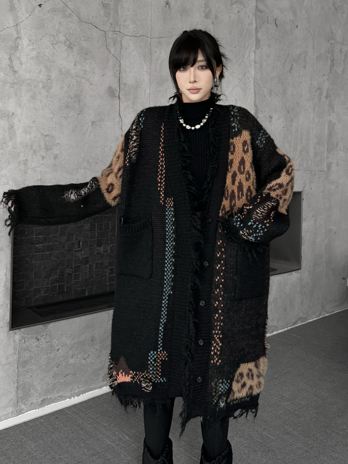 Frayed Leopard Patch Knit Cardigan