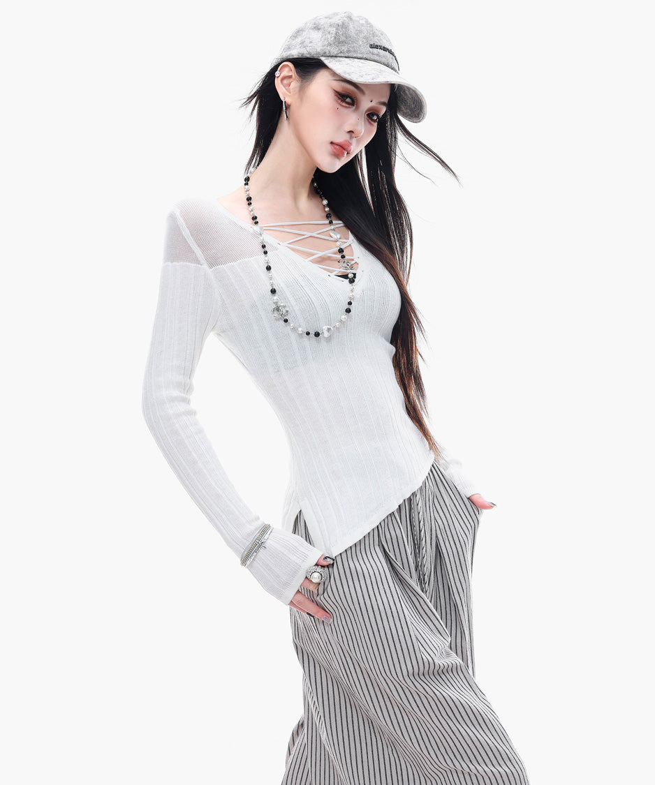 Sheer LaceUp Rib Top