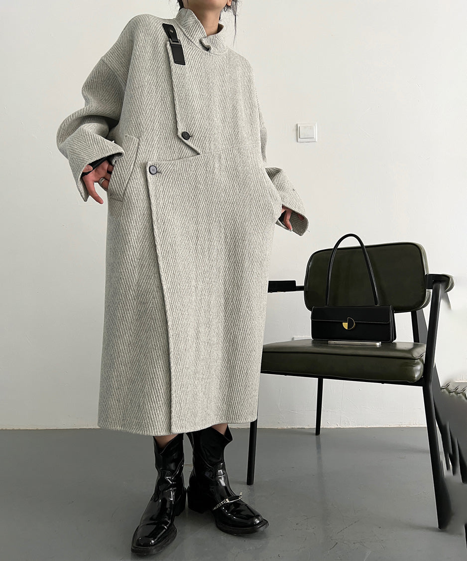 Asym Buckle Herringbone Coat