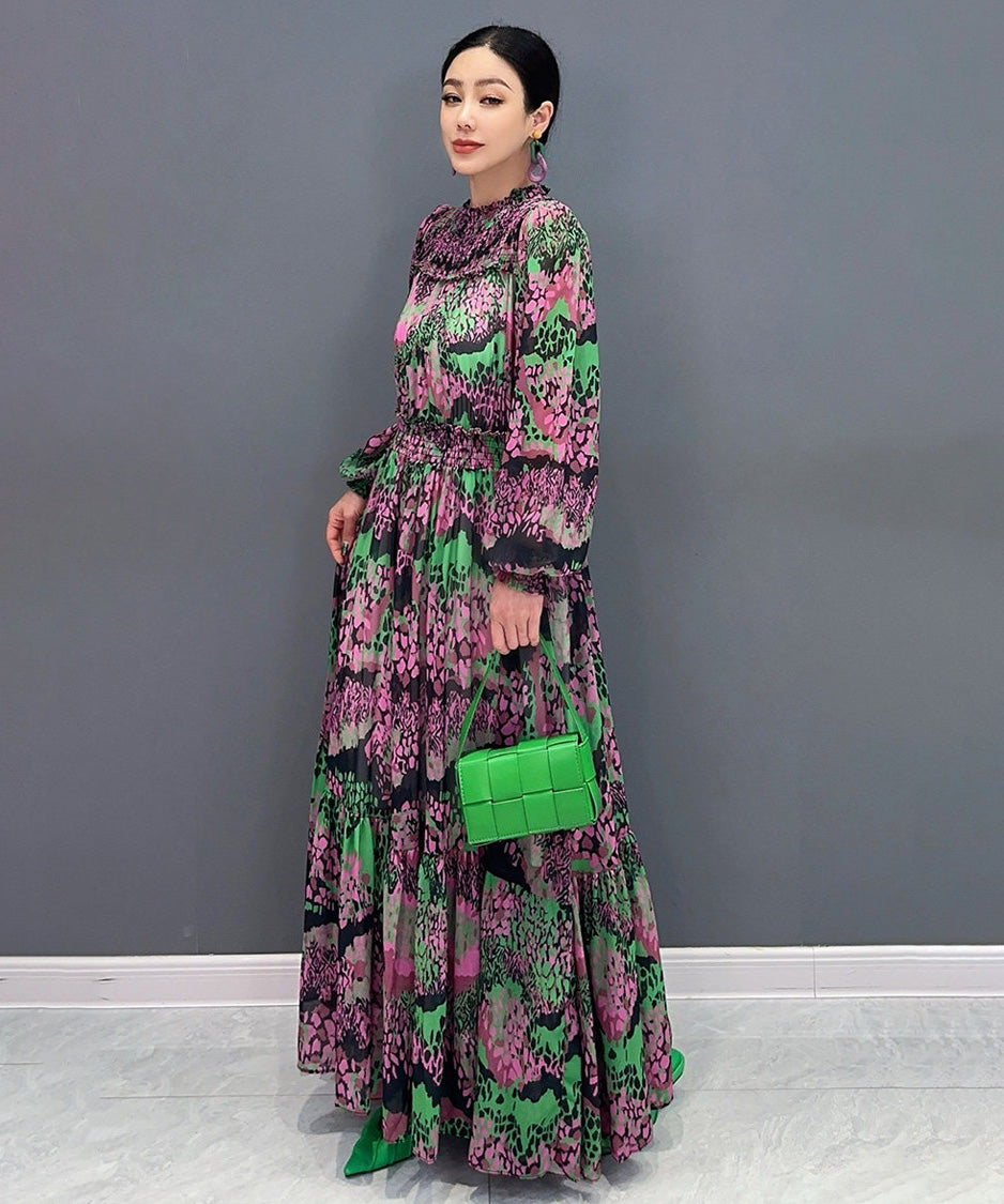 Abstract Print Tiered Long Dress