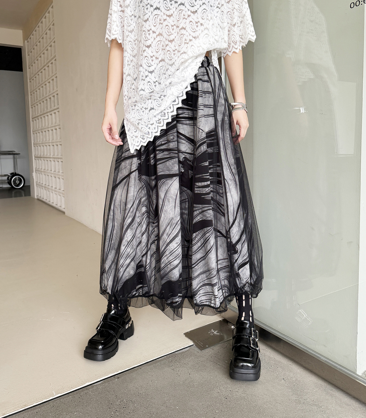 Abstract Mesh Flare Skirt
