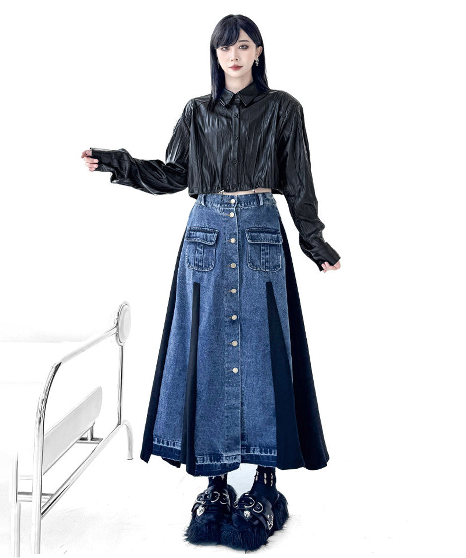Contrast Panel Denim Flare Skirt