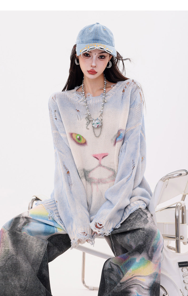 Iridescent Print Denim Wide Pants