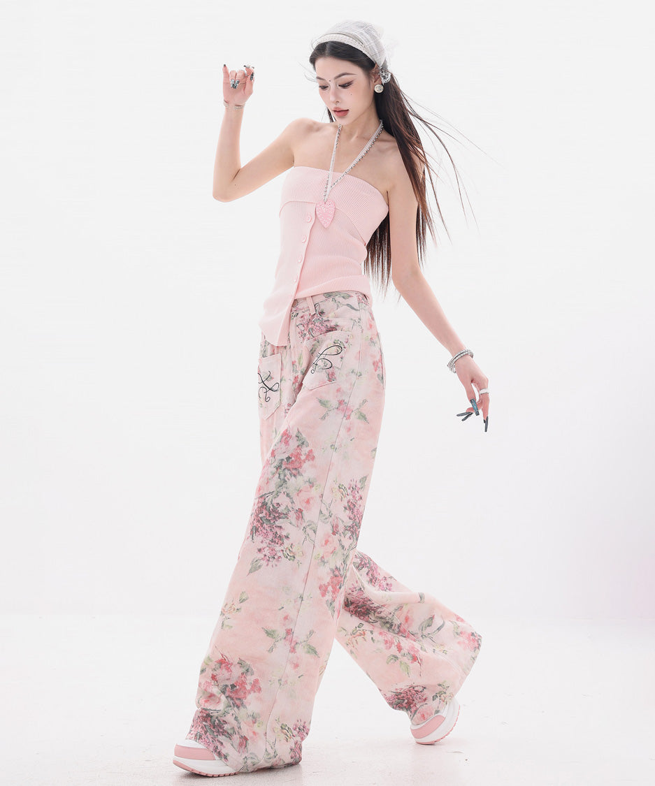 Floral Script Pocket Wide Pants