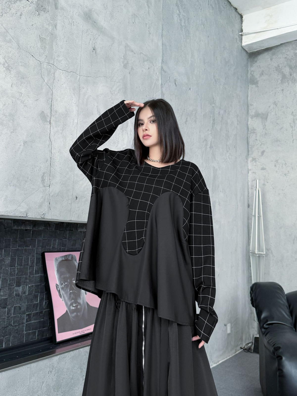 Grid Layered Contrast Top