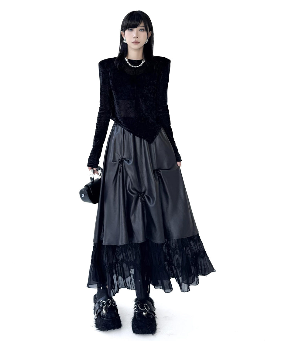Glossy Gather Lace Hem Maxi Skirt