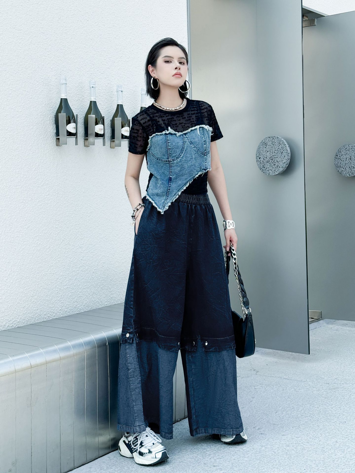 Two Tone Wide Denim Pants