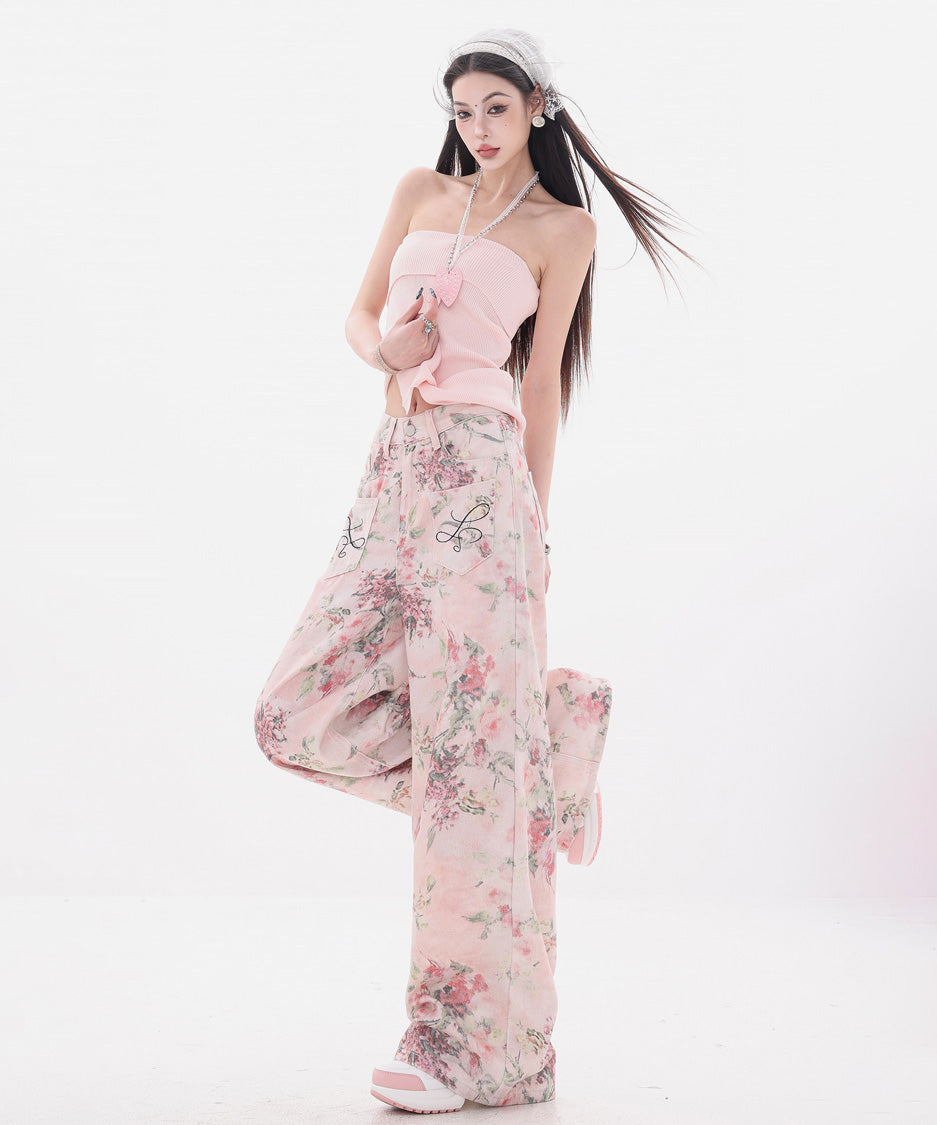 Floral Script Pocket Wide Pants