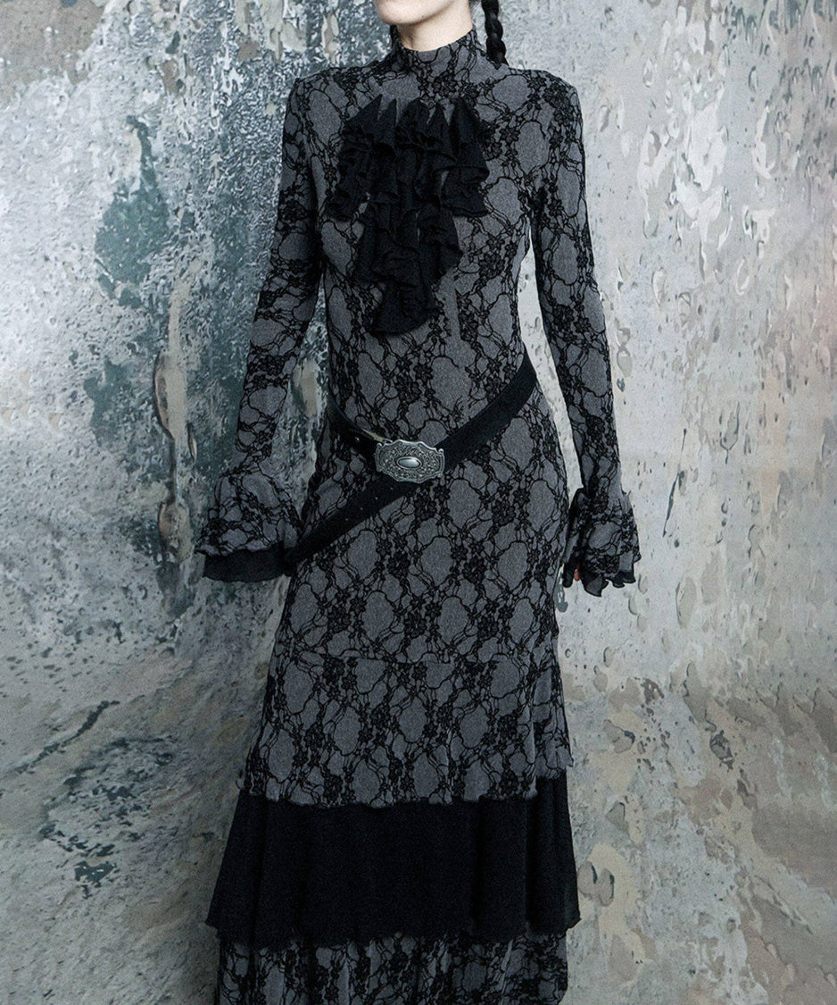 Lace Veil Ruffle Maxi Dress
