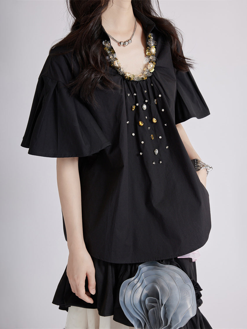 Beaded Collar Flare Blouse
