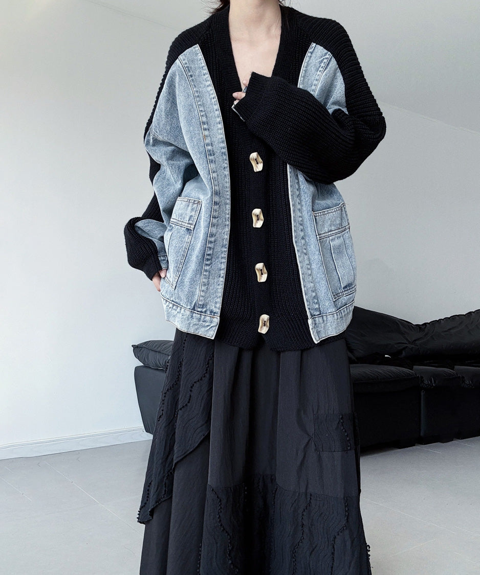 Denim Panel Knit Cardigan