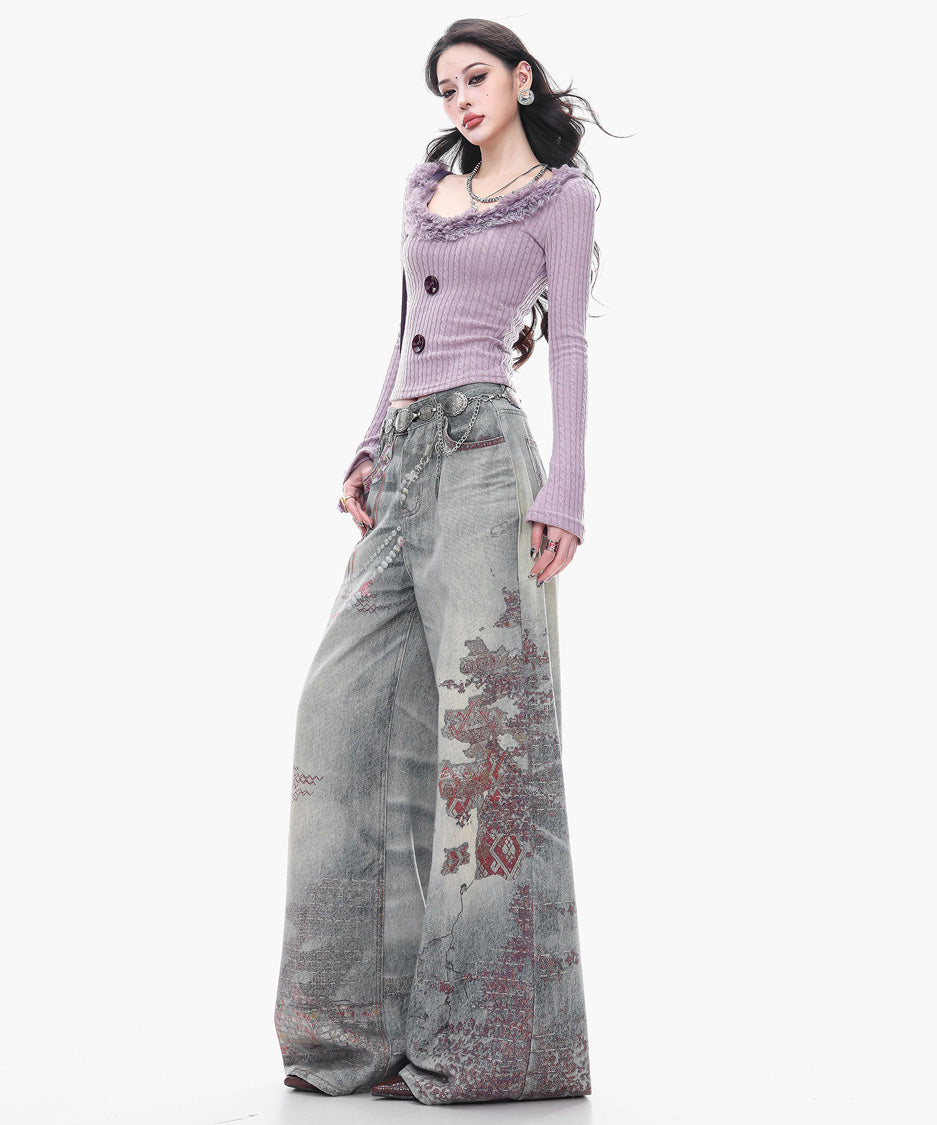 Ornament Washed Wide Denim Pants