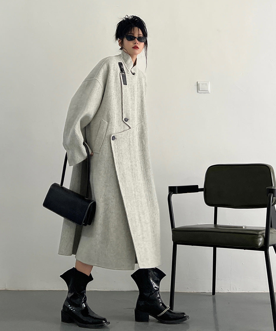 Asym Buckle Herringbone Coat