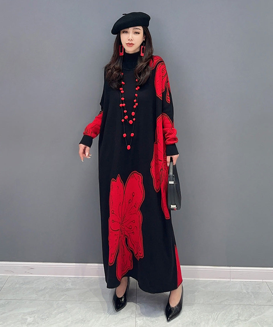 Floral Motif Knit Long Dress