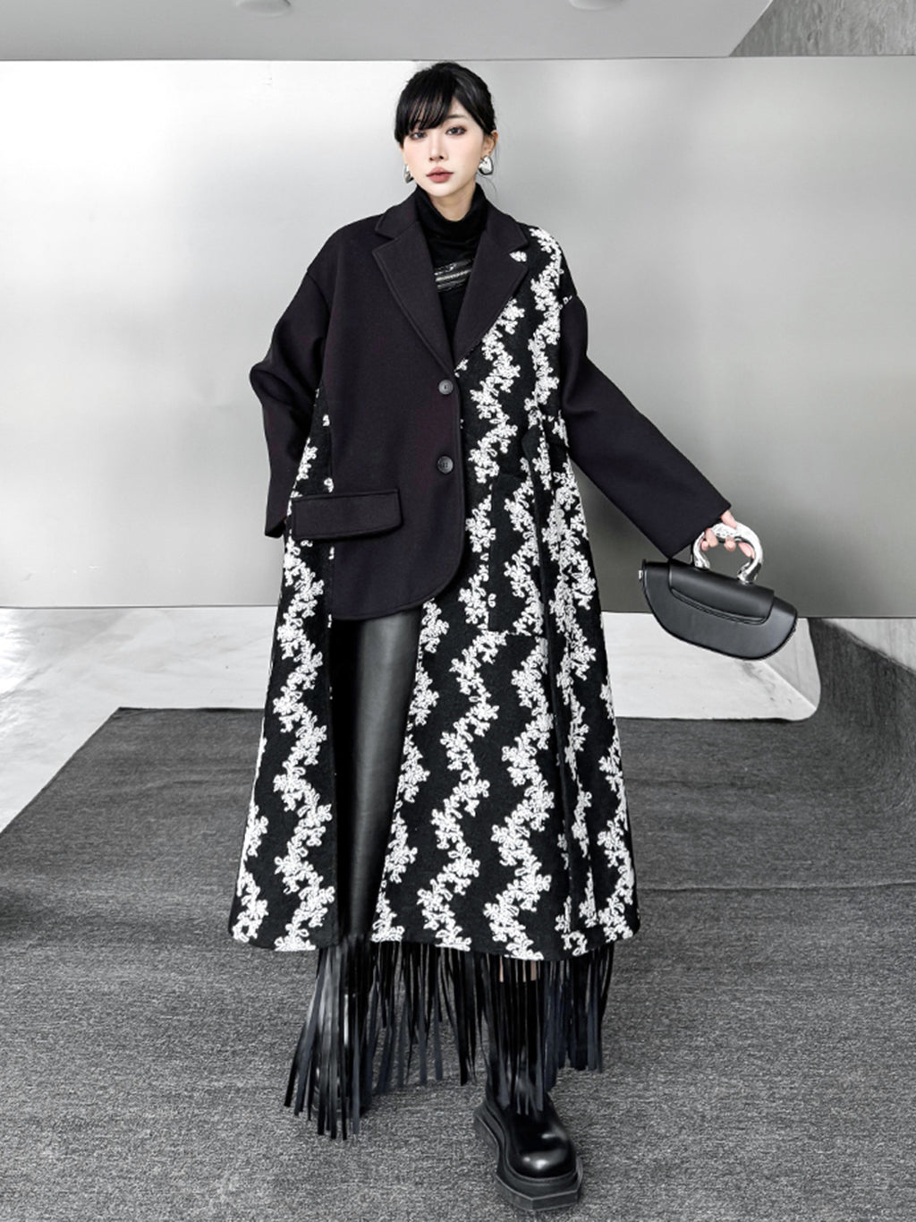 Patch Jacquard Fringe Coat