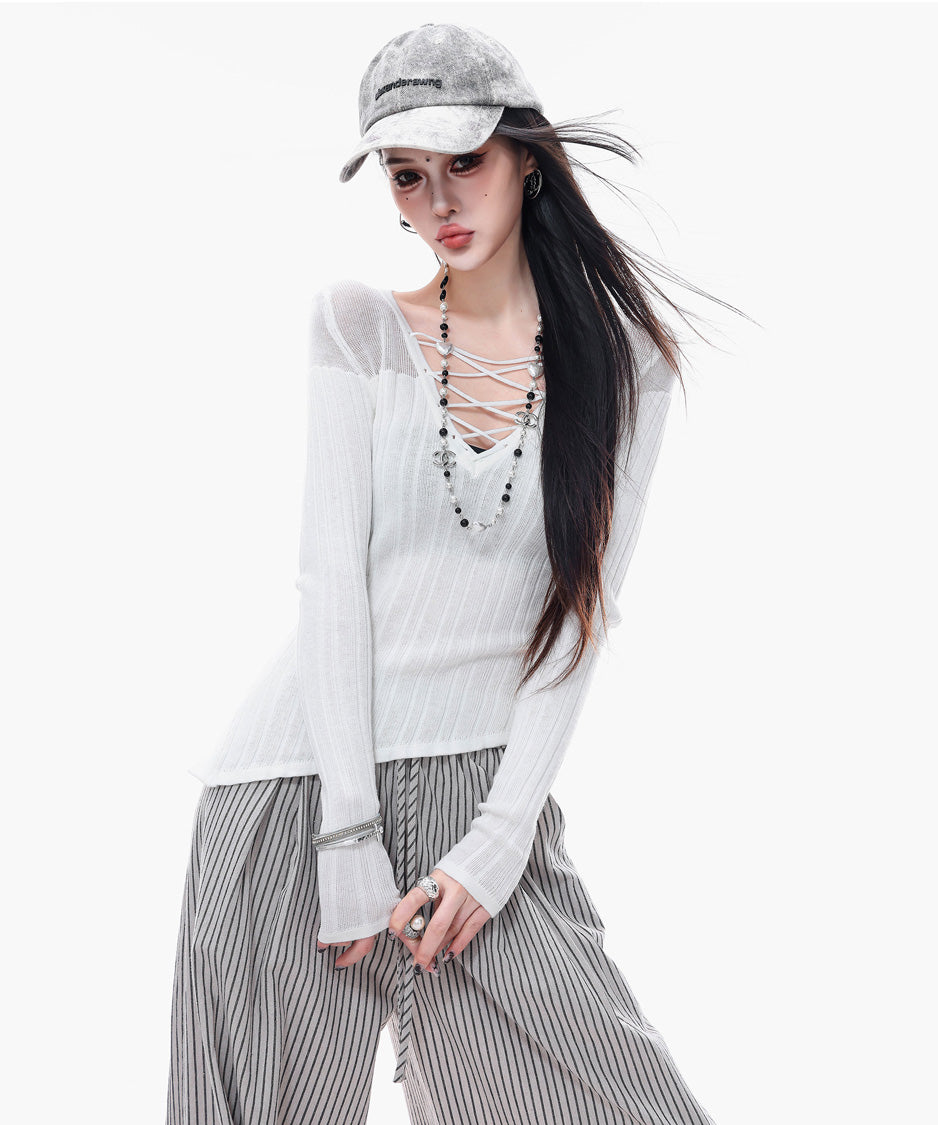 Sheer LaceUp Rib Top