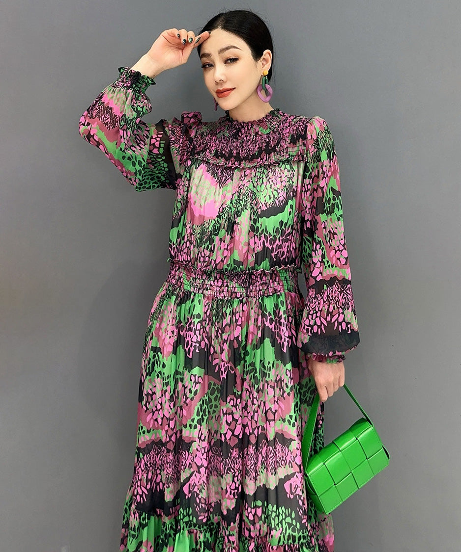 Abstract Print Tiered Long Dress