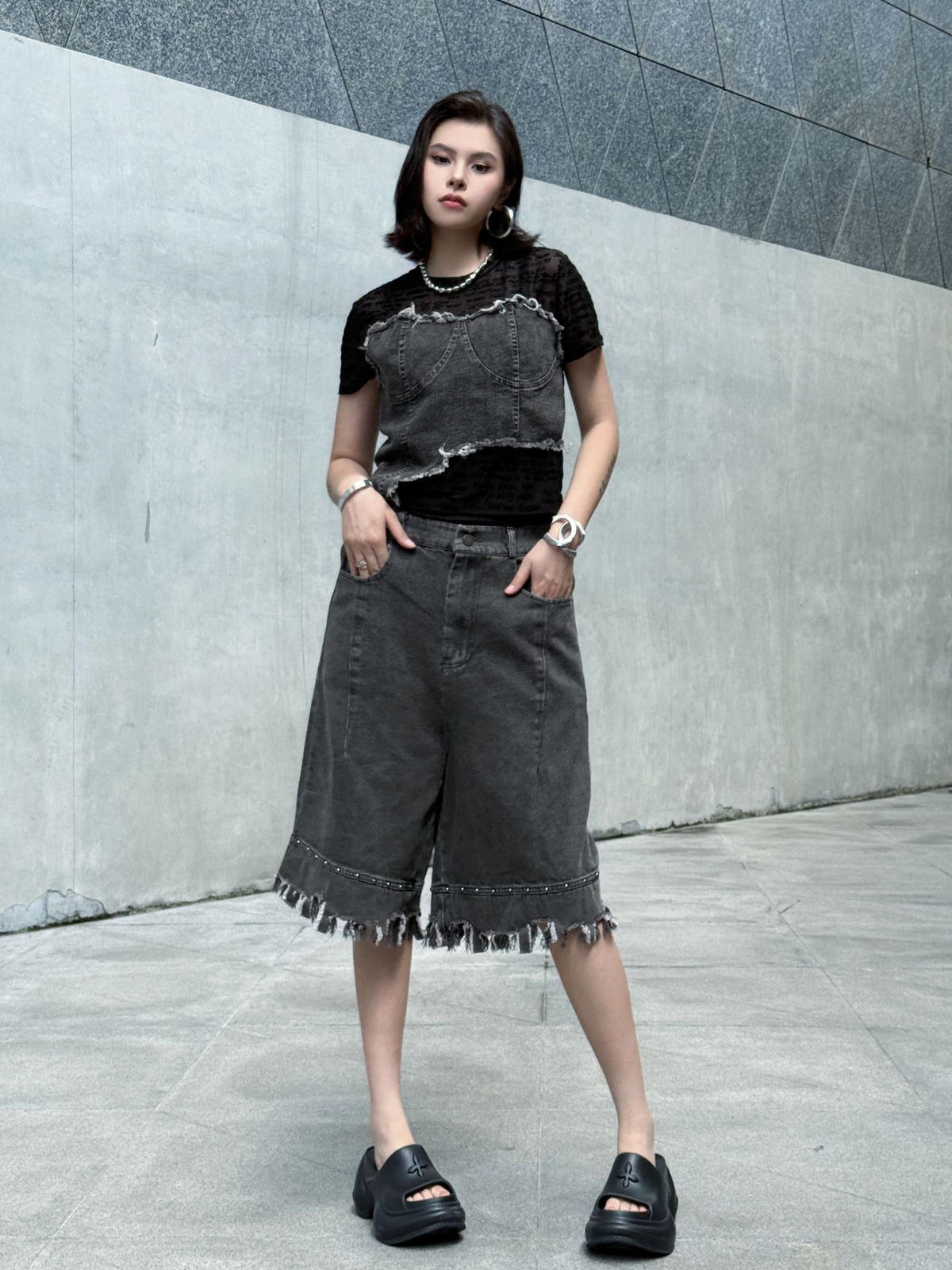 Raw Fringe Wide Denim Shorts