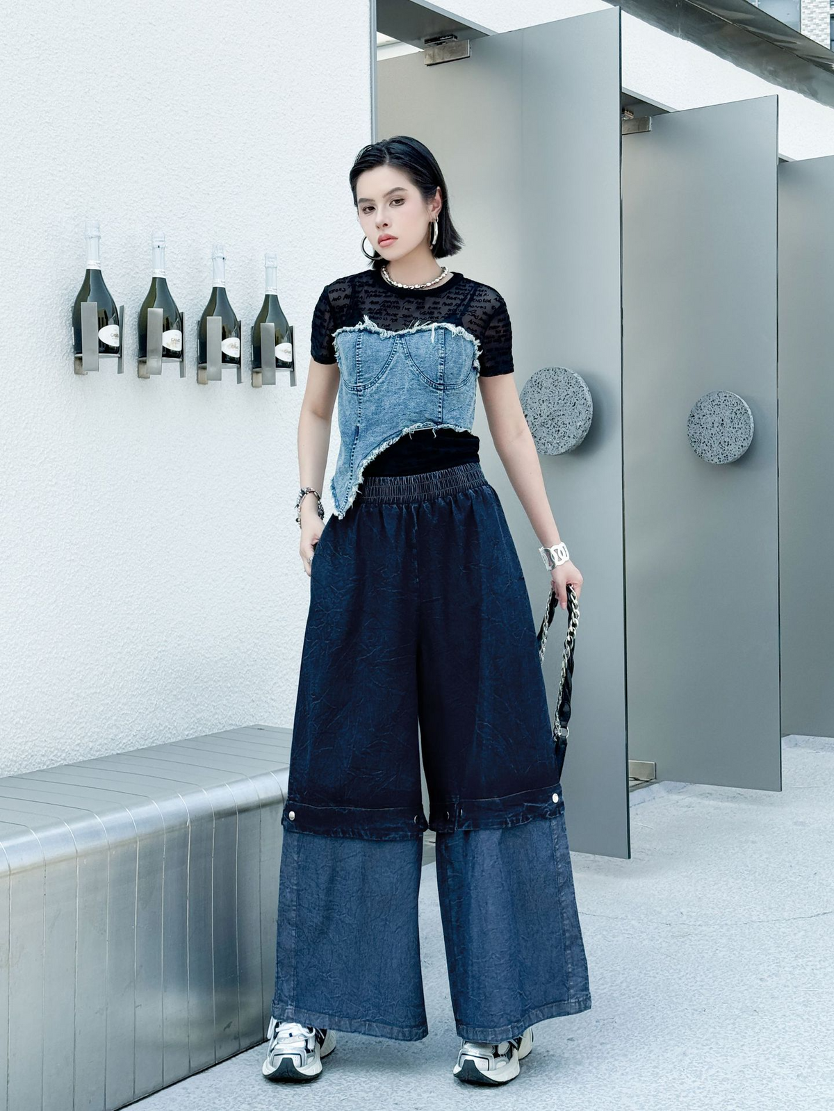 Two Tone Wide Denim Pants