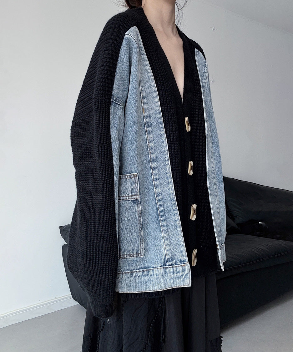 Denim Panel Knit Cardigan