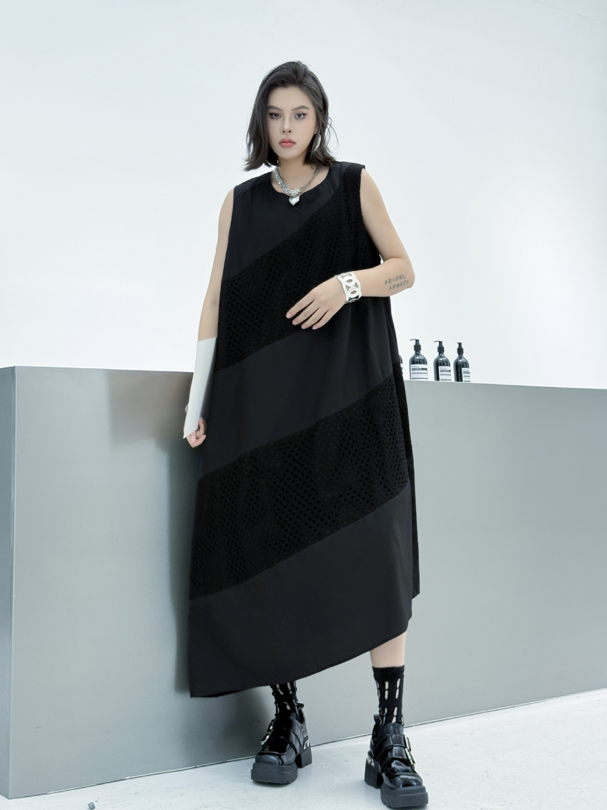 Diagonal Mesh Panel Dress