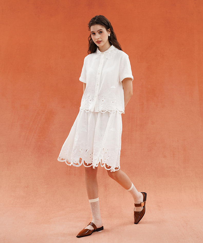Embroidered Collar Short Sleeve Blouse