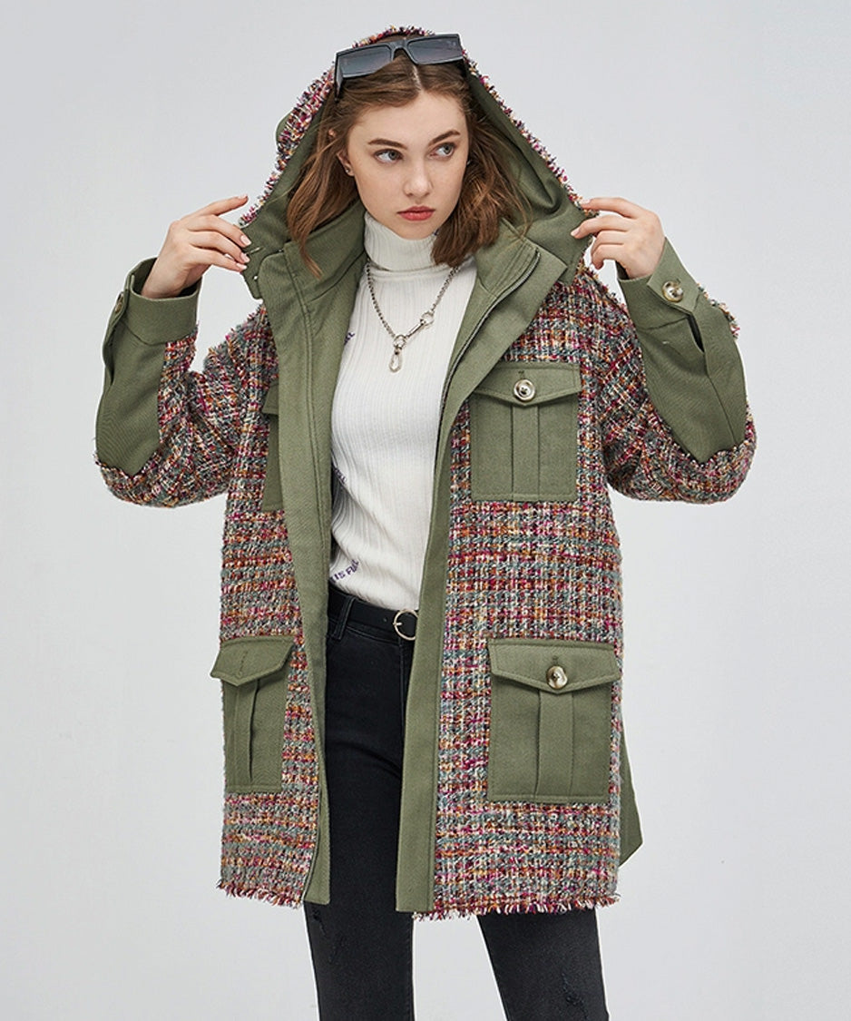 Hooded Tweed Panel Coat