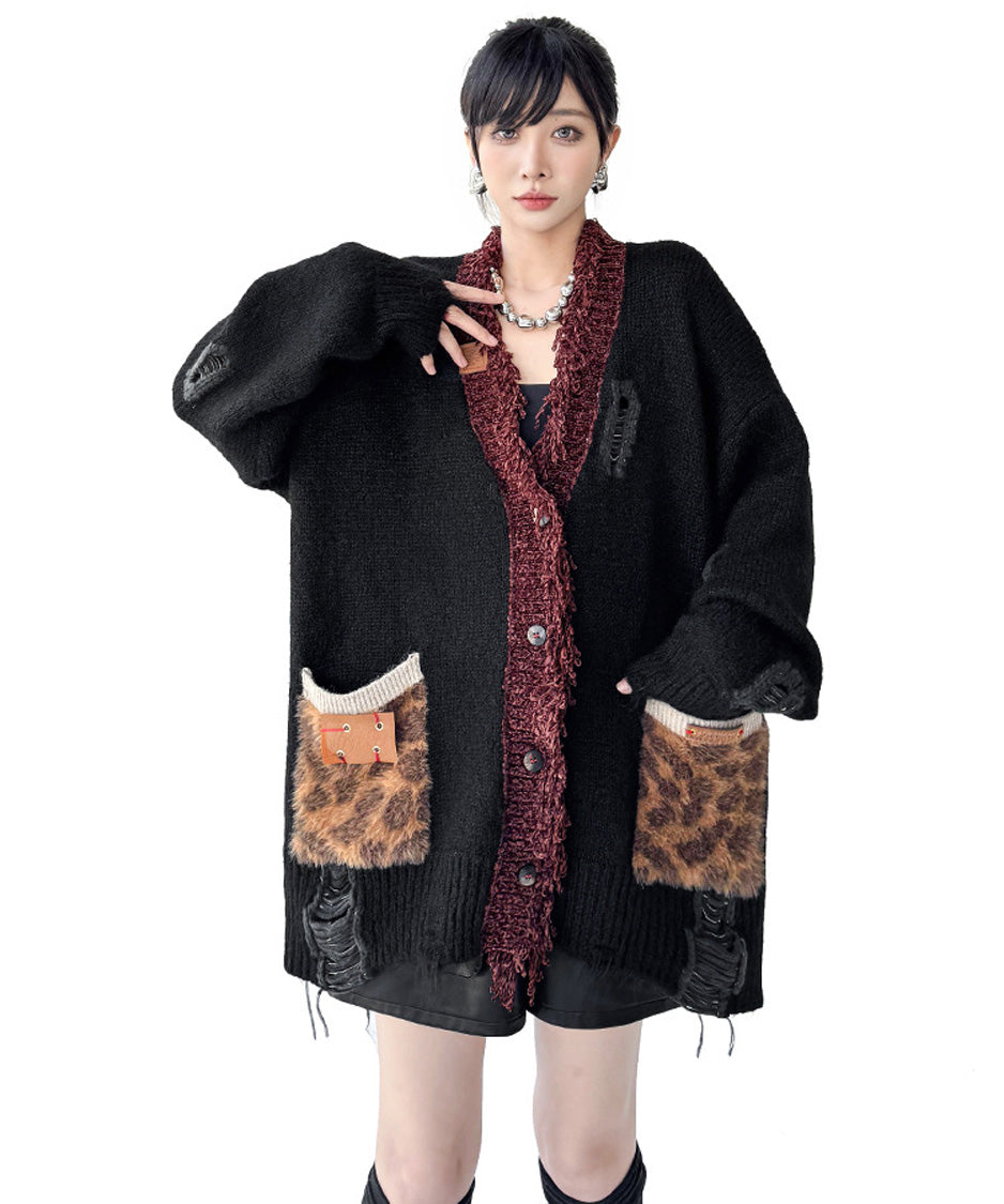 Fringe Patchwork Knit Cardigan