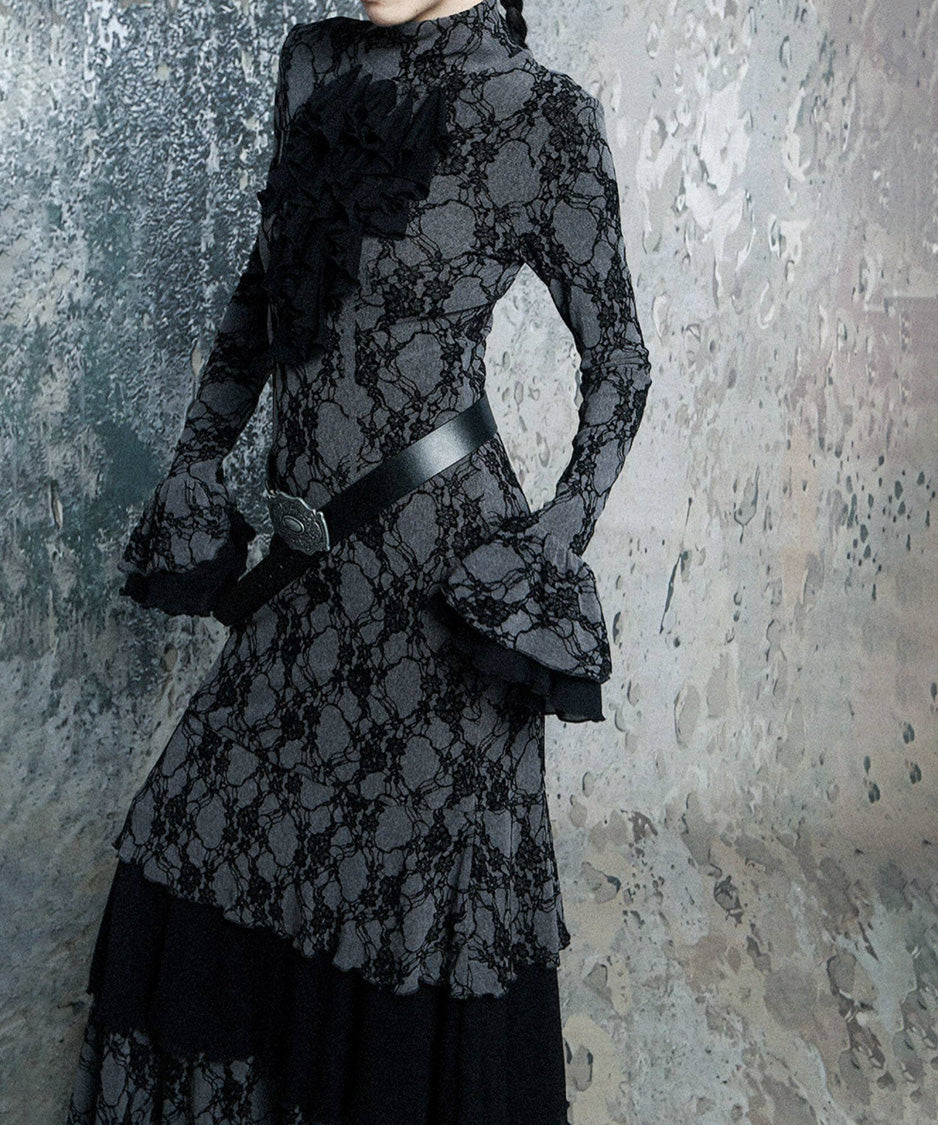 Lace Veil Ruffle Maxi Dress