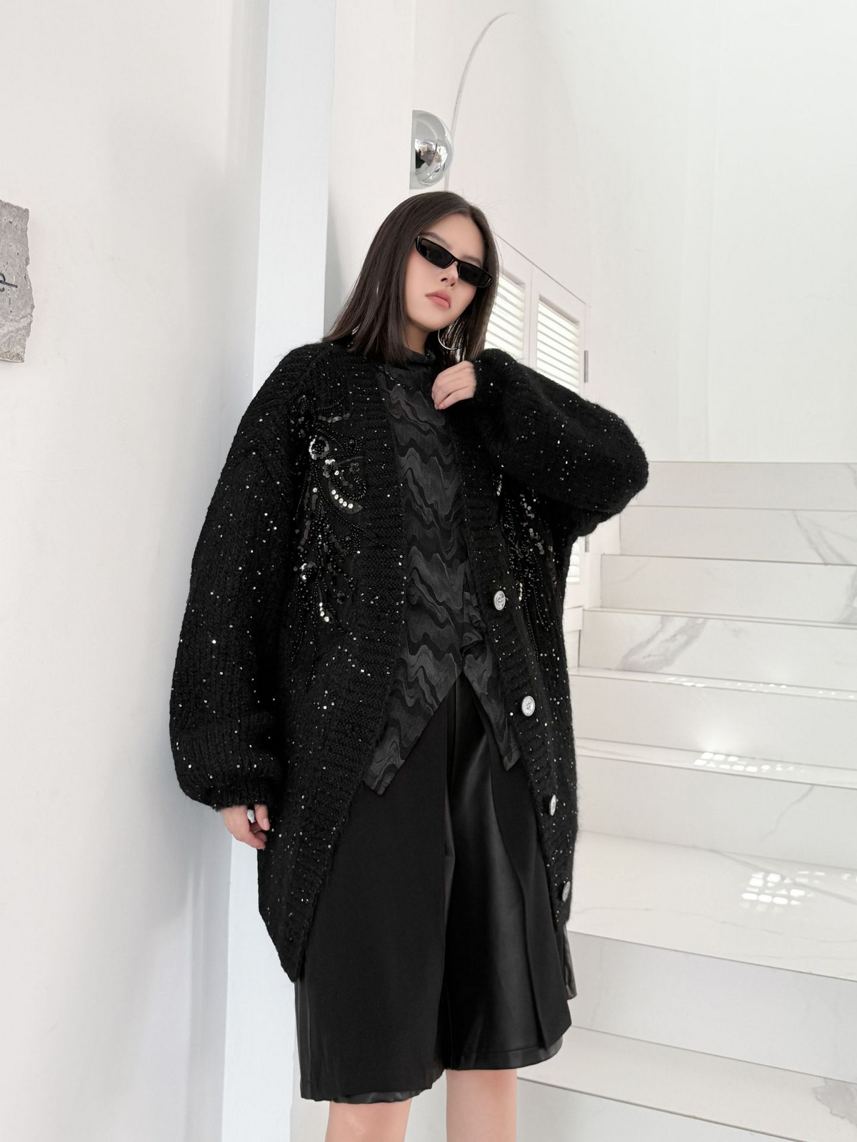 Sequin Knit Oversized Cardigan