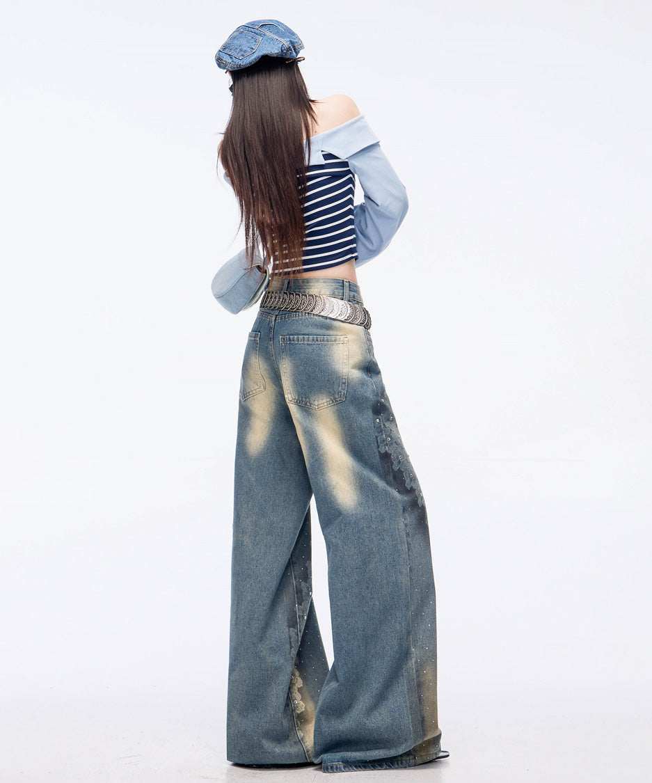 Crystal Dust Washed Wide Denim Pants