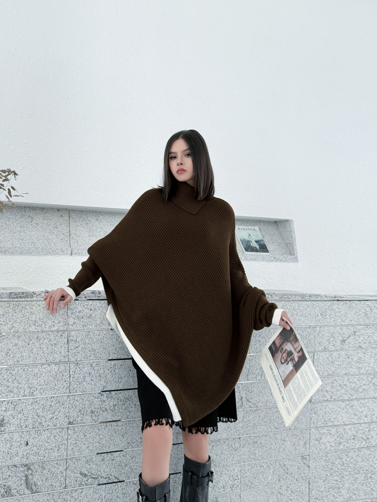 Diagonal Knit Poncho Top