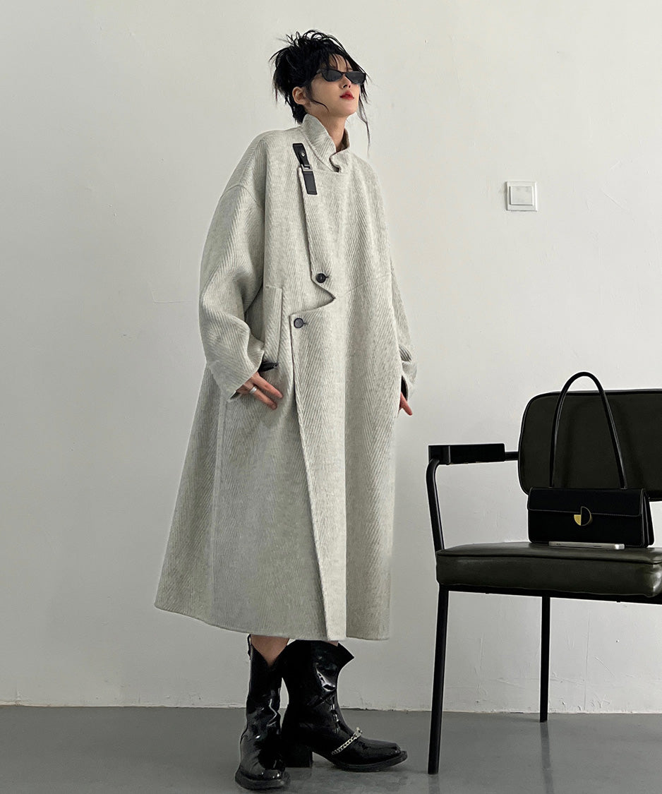 Asym Buckle Herringbone Coat