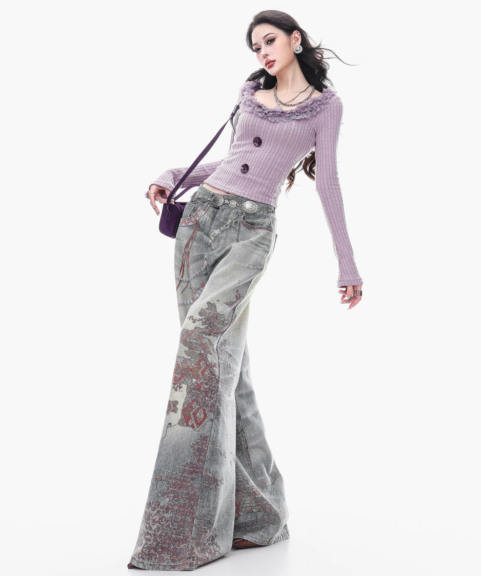 Ornament Washed Wide Denim Pants