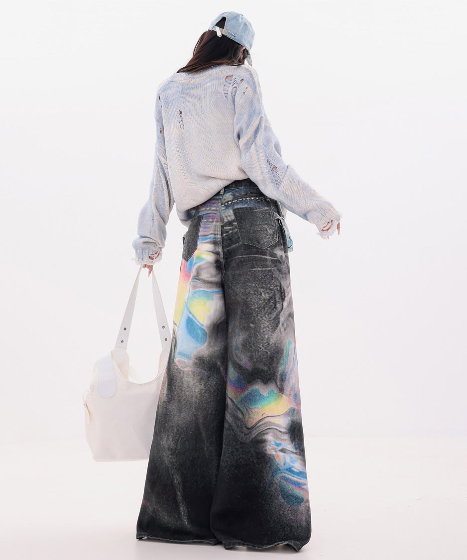 Iridescent Print Denim Wide Pants