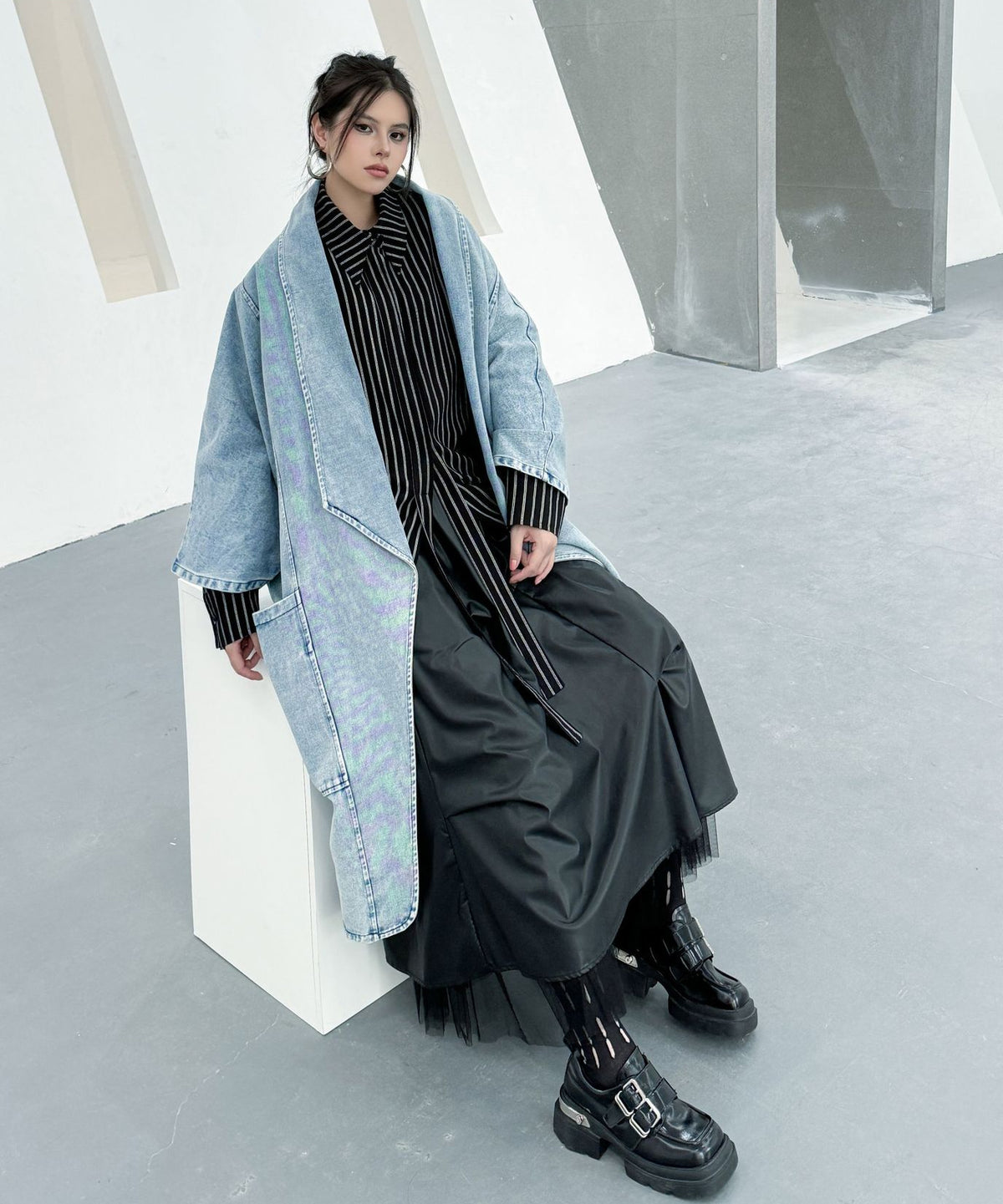 Washed Long Denim Coat