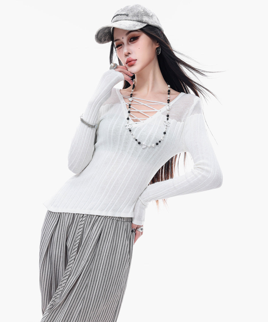 Sheer LaceUp Rib Top